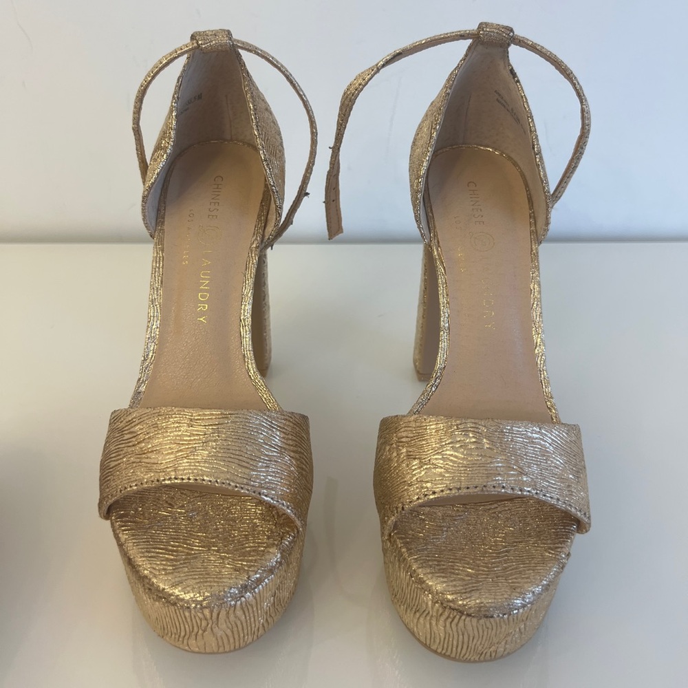 Chinese Laundry Gold Metallic Ankle-Strap Platform Heels